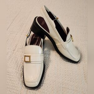 Franco Sarto Ivory Leather Slingback Loafers Gold Buckle Zigzag Trim 9M New